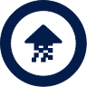 reliance cyber up arrow icon in an navy circle