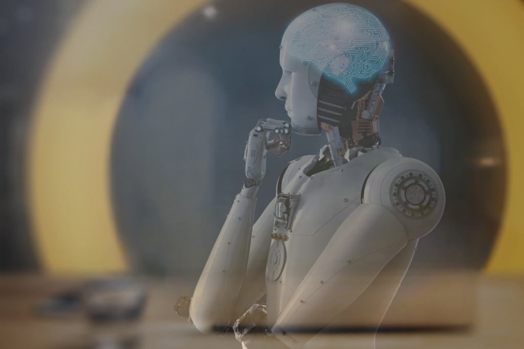 a cyborg figure in a thinking pose