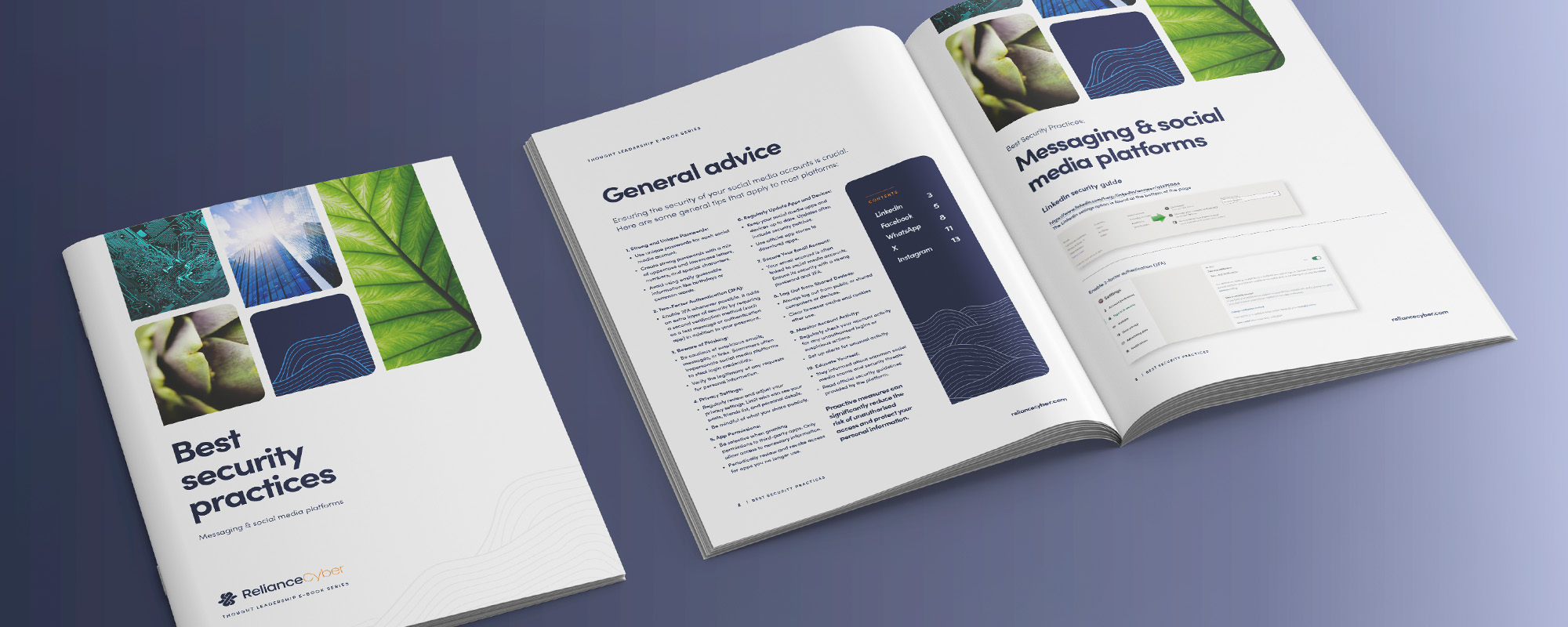 Reliance Cyber Security leveraging ingestion based security thought leadership ebook cover and inside spread on a blue background