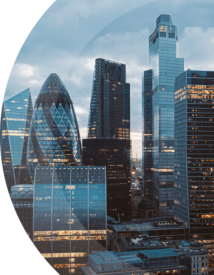 curved image of the london skyline at dusk