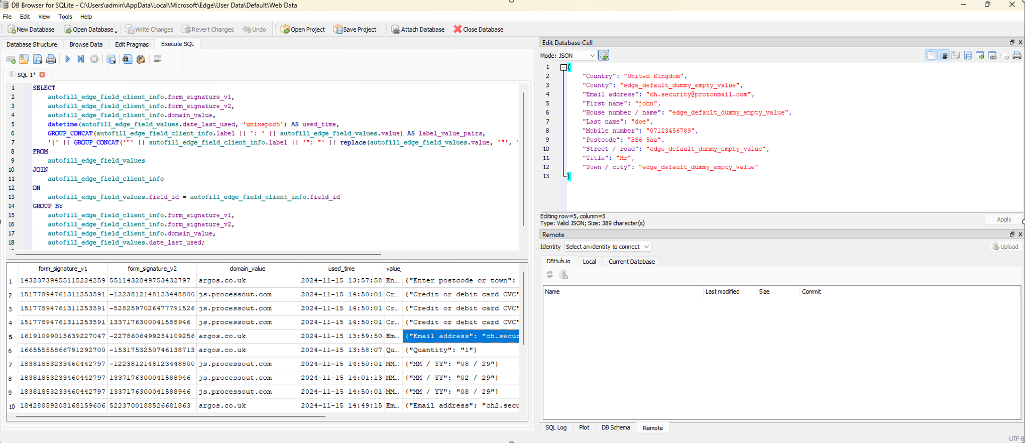 Figure 6. Autofill data grouped in DB Browser for SQLite.