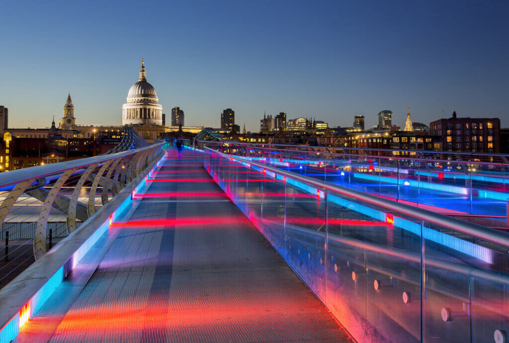 View of St Paul's Cathedral from Millenum Bridge at dusk.