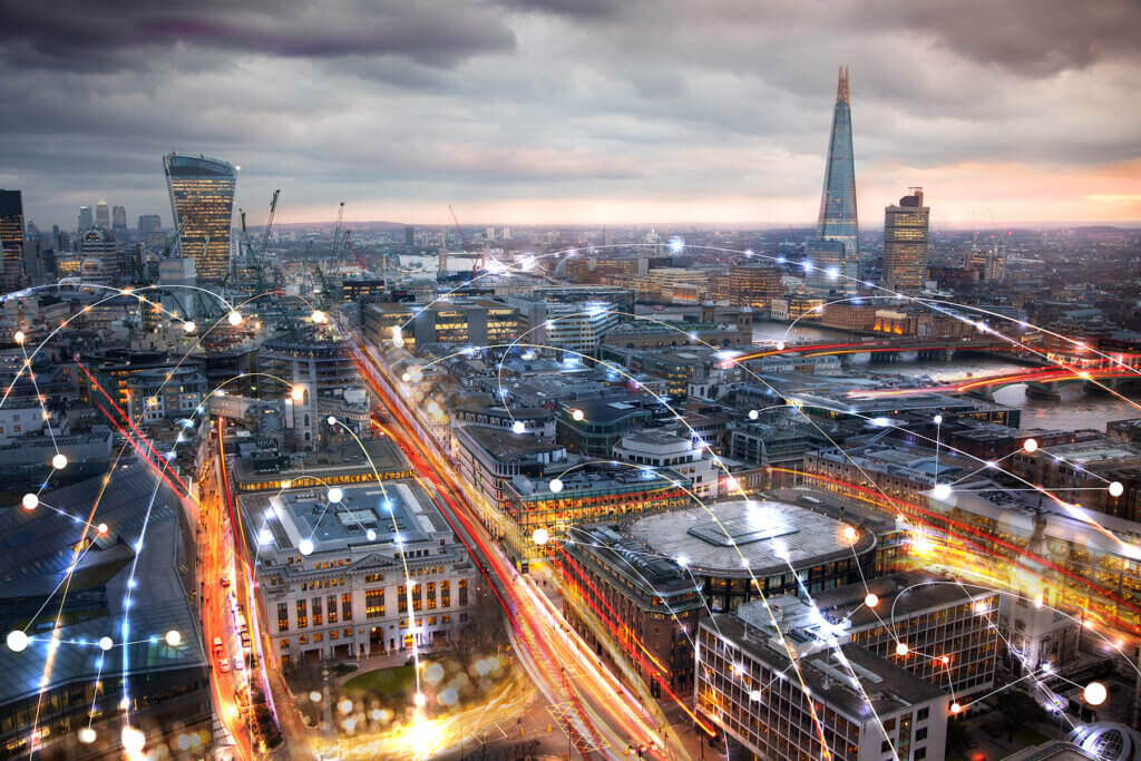 An image of london with network points through the atmosphere